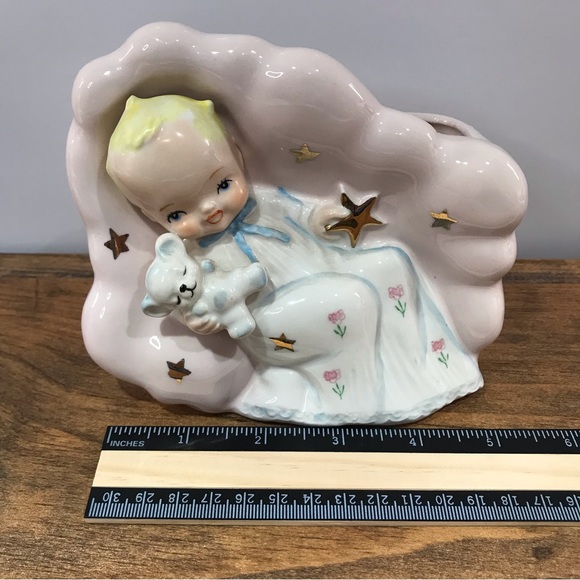 Vintage Pink Ceramic Baby Holding Star And Teddy Nursery Decor Planter Japan - Picture 3 of 12